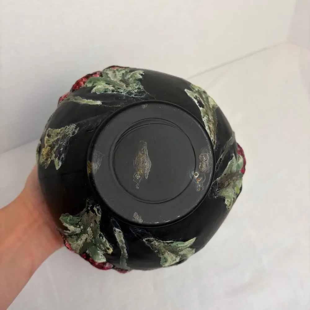 VTG Tiffin glass black satin vase. hand painted raised flowers. No markings